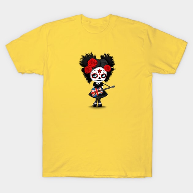 Sugar Skull Girl Playing Union Jack British Flag Guitar T-Shirt by jeffbartels